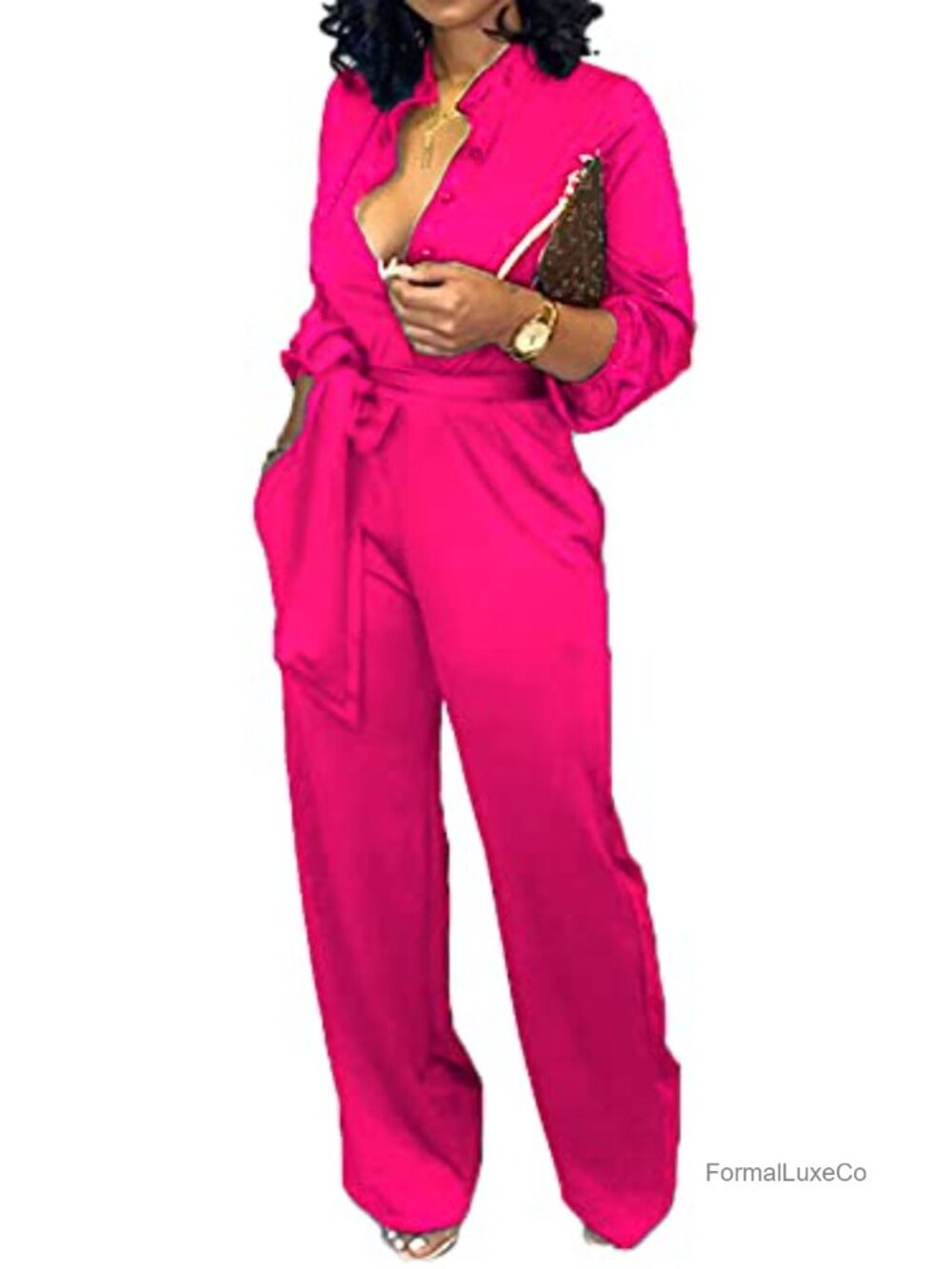 Women's V Neck Jumpsuit Long Sleeve Wide Leg with Belt